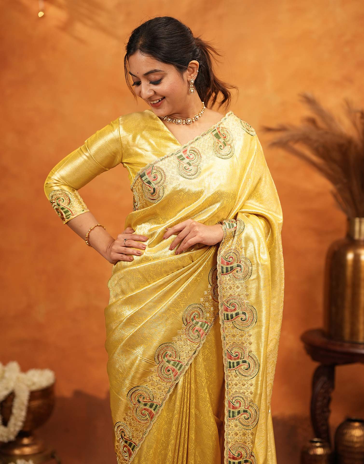Yellow Silk Woven Embroidery Stone Work Banarasi Saree - Image 4