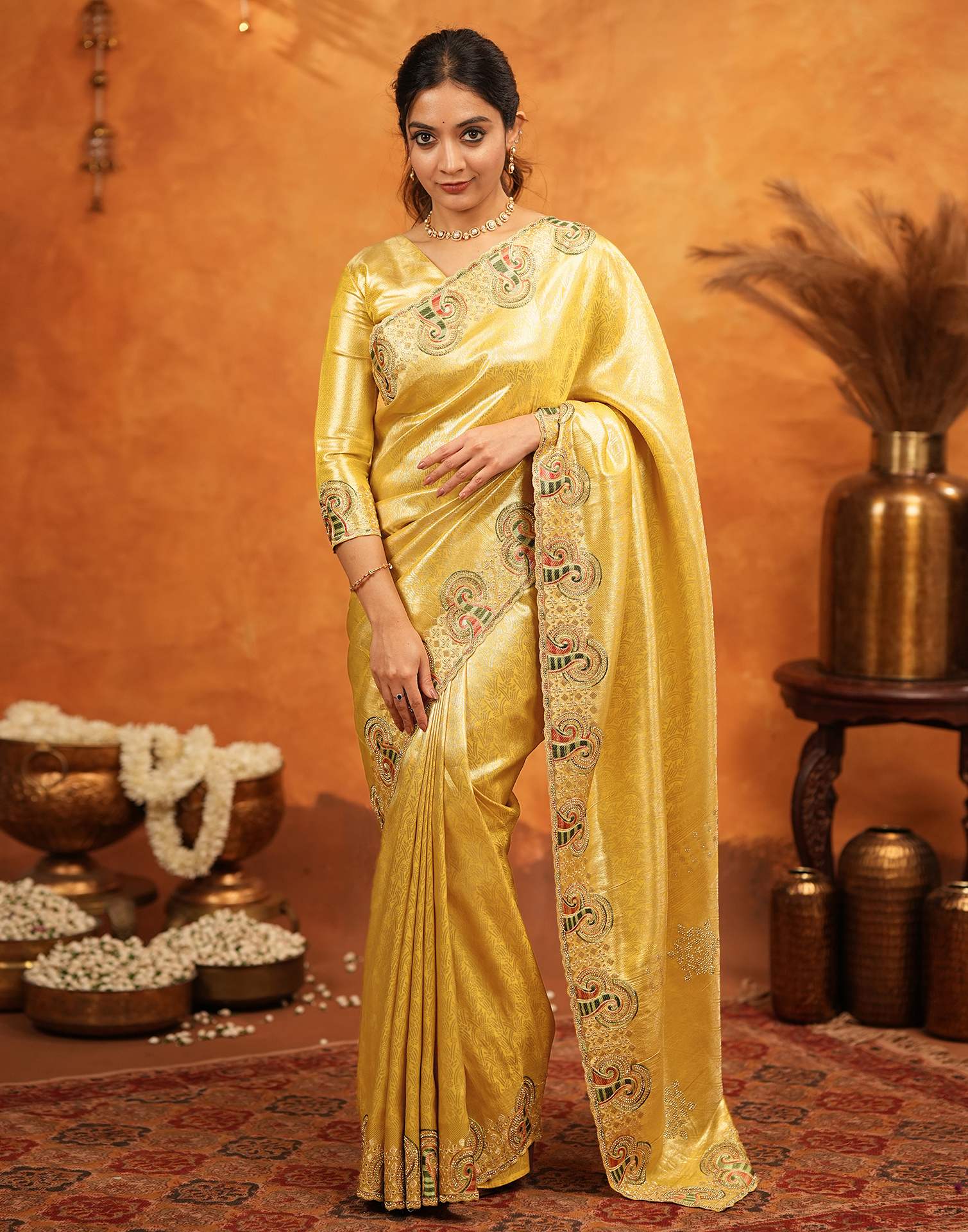 Yellow Silk Woven Embroidery Stone Work Banarasi Saree - Image 6