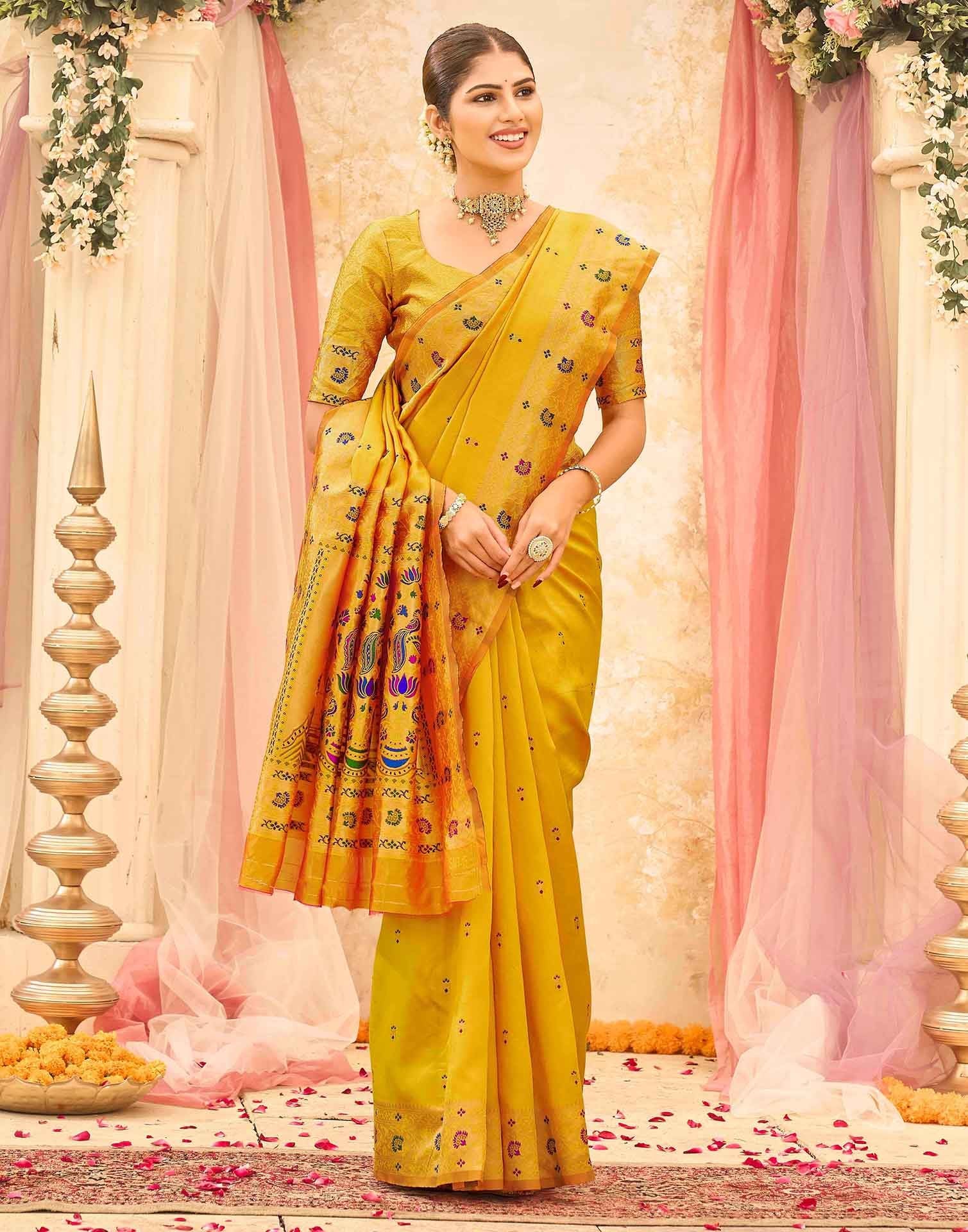 Yellow Silk Woven Paithani Saree - Image 5
