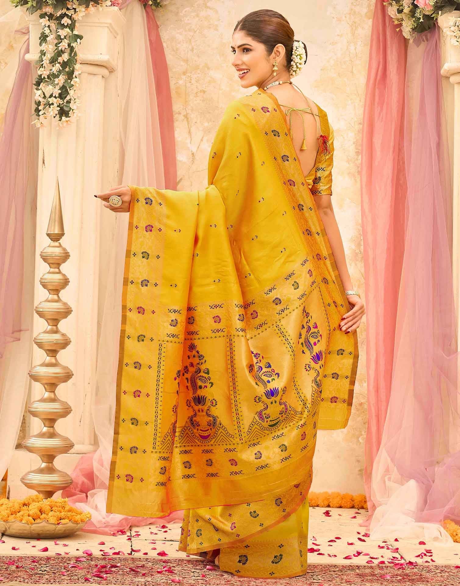 Yellow Silk Woven Paithani Saree - Image 6