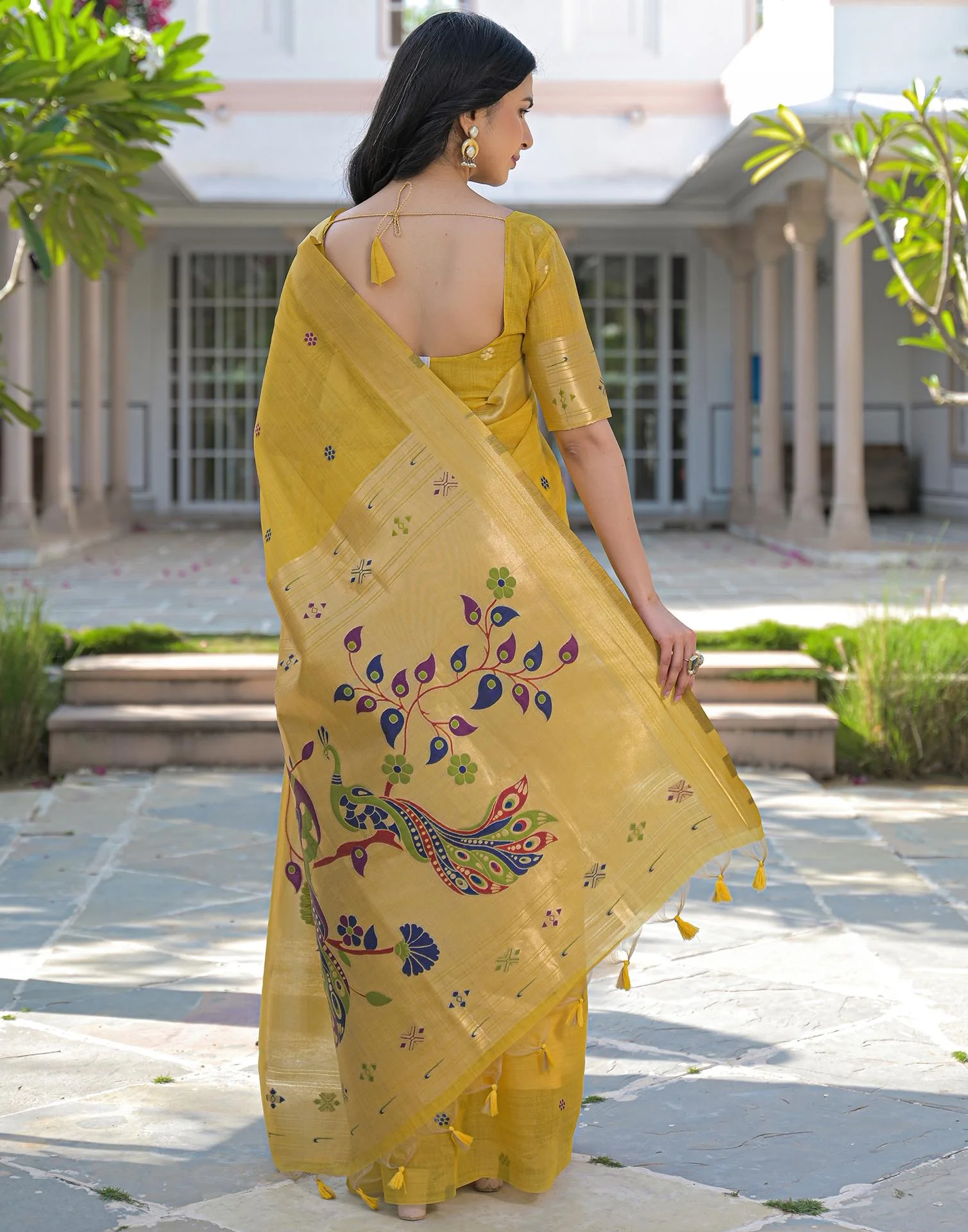 Yellow Cotton Woven Paithani Saree - Image 8