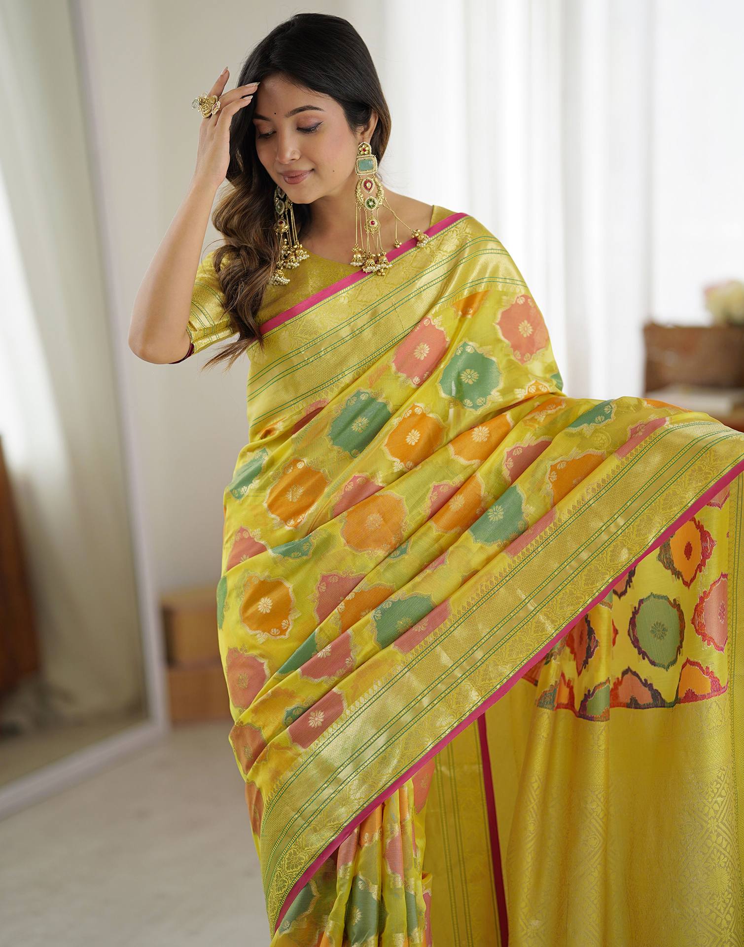 Yellow Silk Woven Saree - Image 4