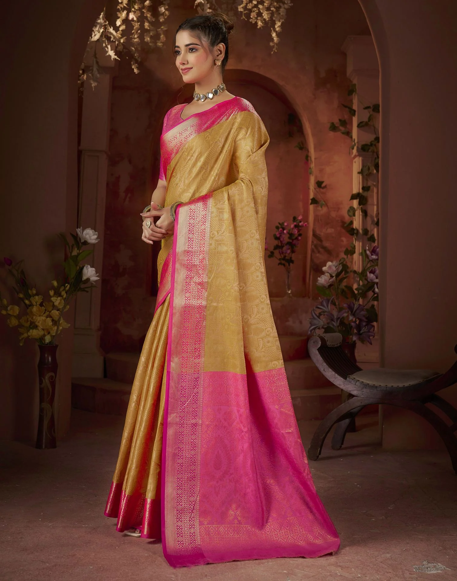 Yellow Silk Woven Banarasi Saree - Image 4