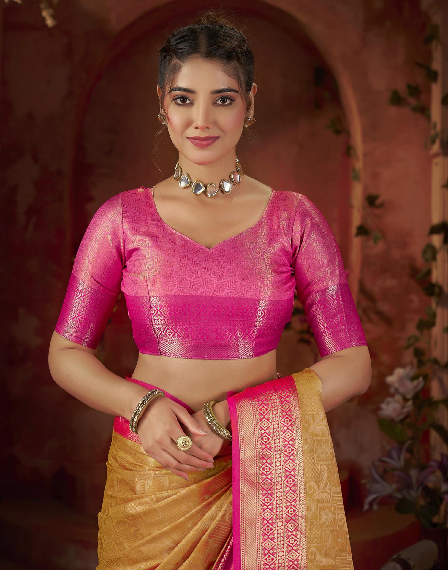 Yellow Silk Woven Banarasi Saree - Image 8