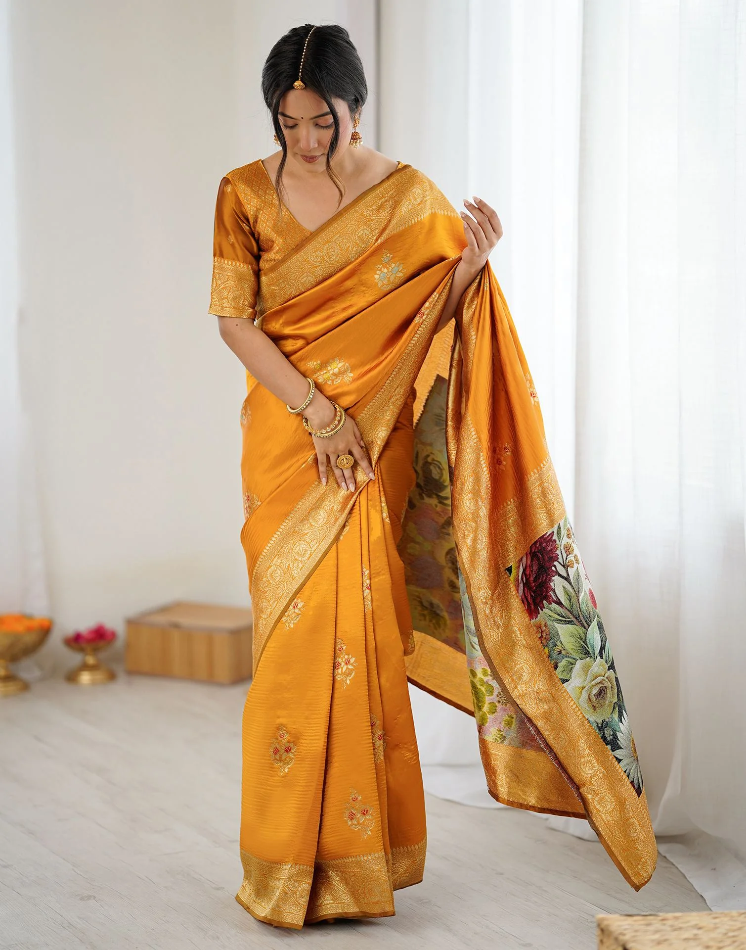Yellow Silk Woven Saree - Image 6