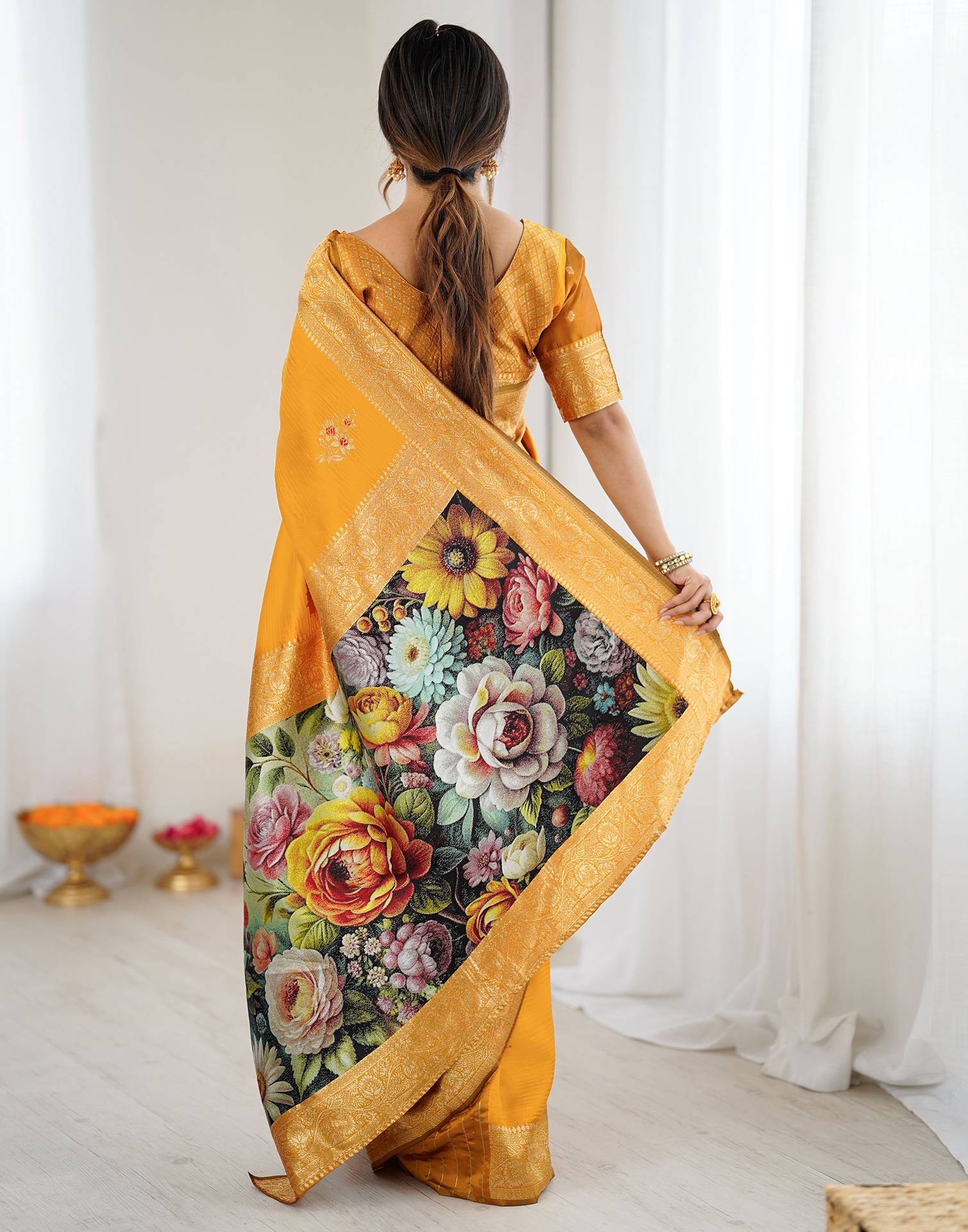 Yellow Silk Woven Saree - Image 7