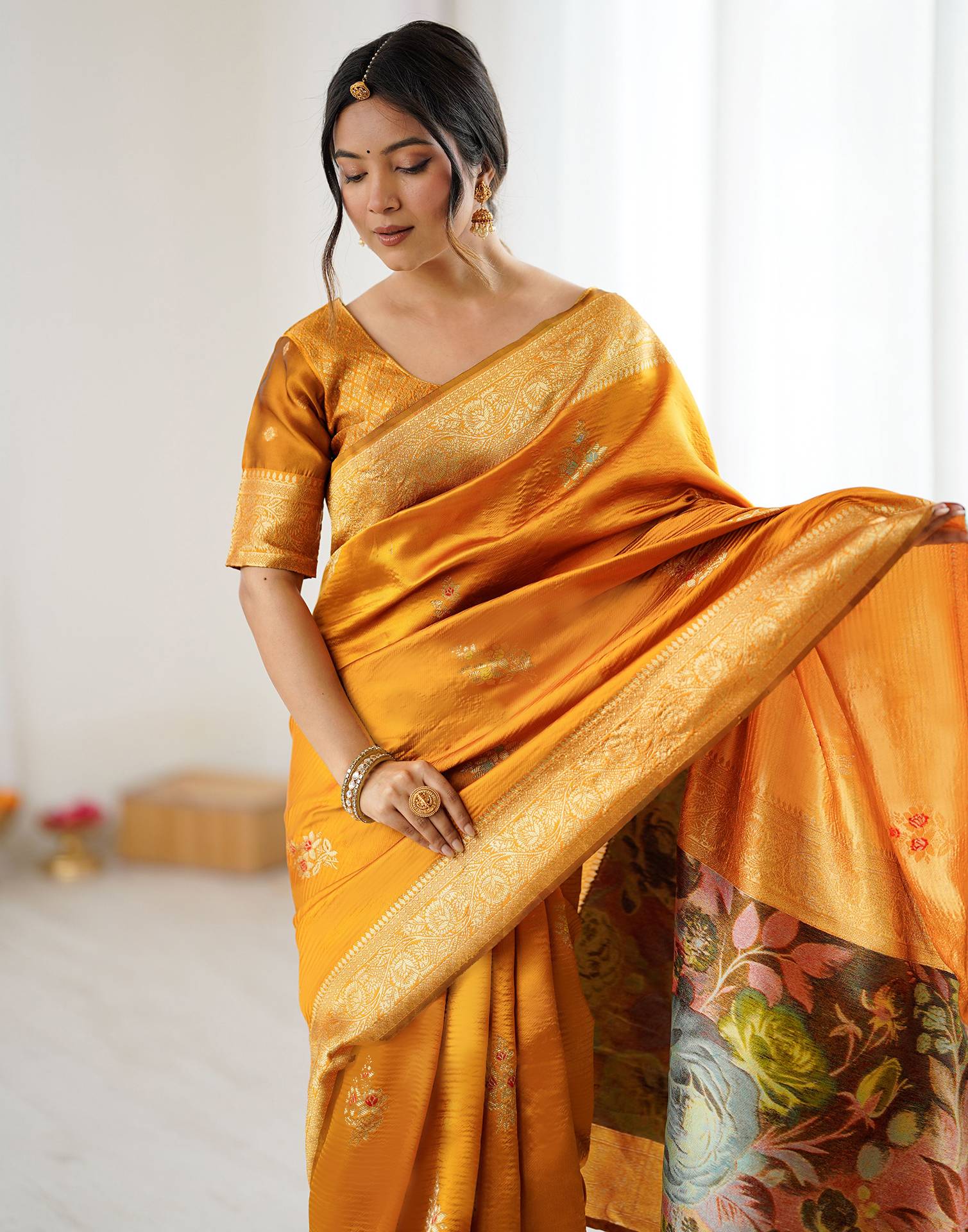 Yellow Silk Woven Saree - Image 9