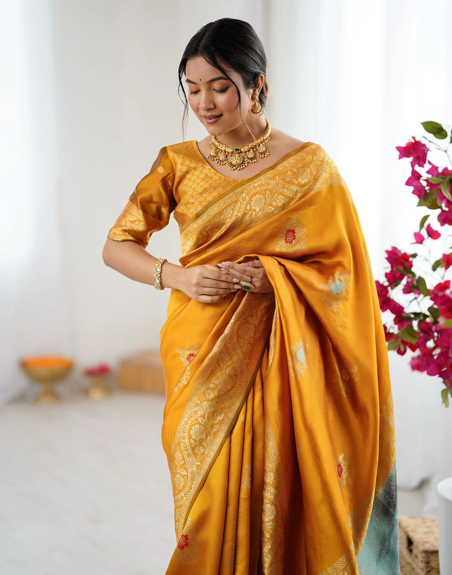 Yellow Silk Woven Saree - Image 11