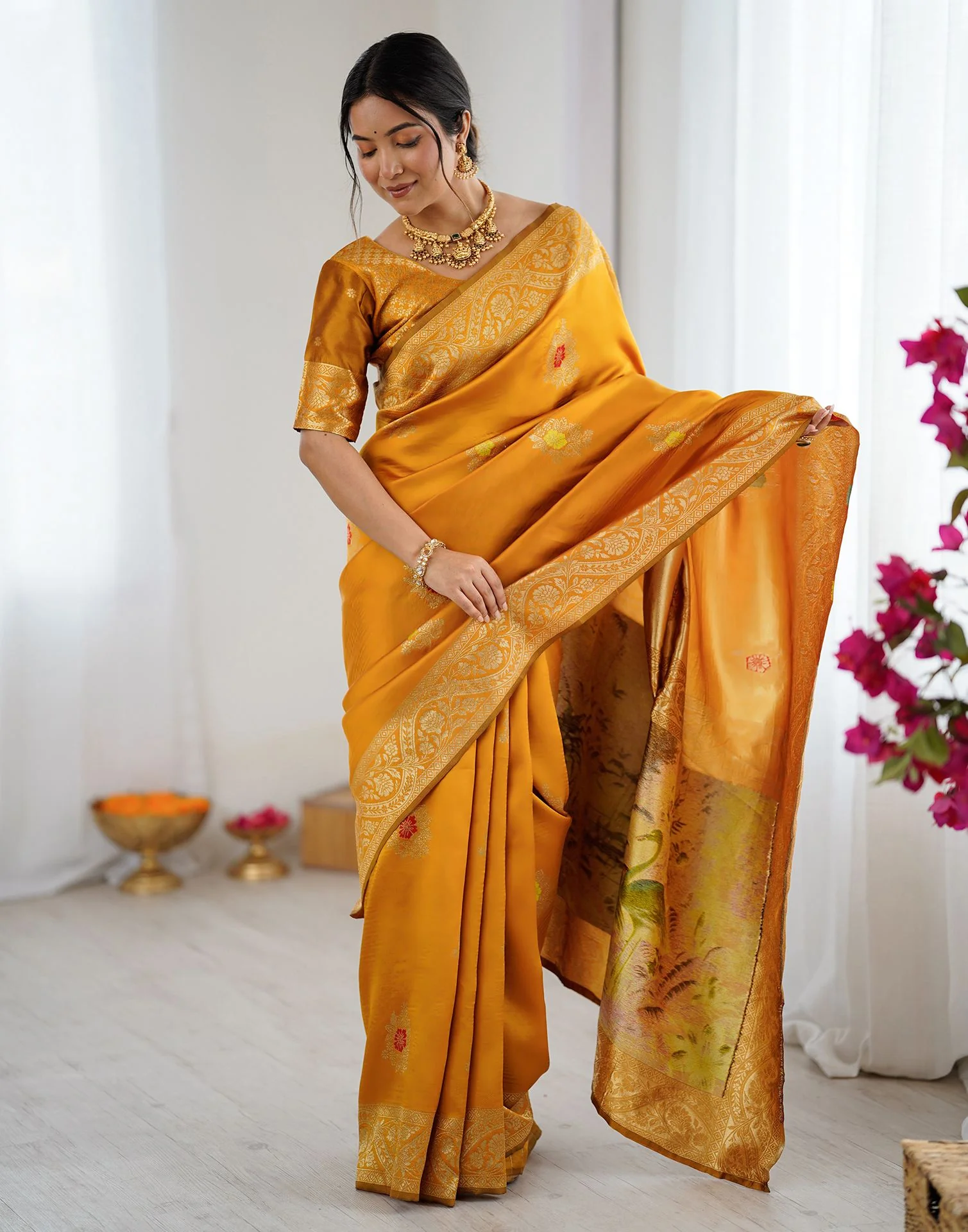 Yellow Silk Woven Saree - Image 5