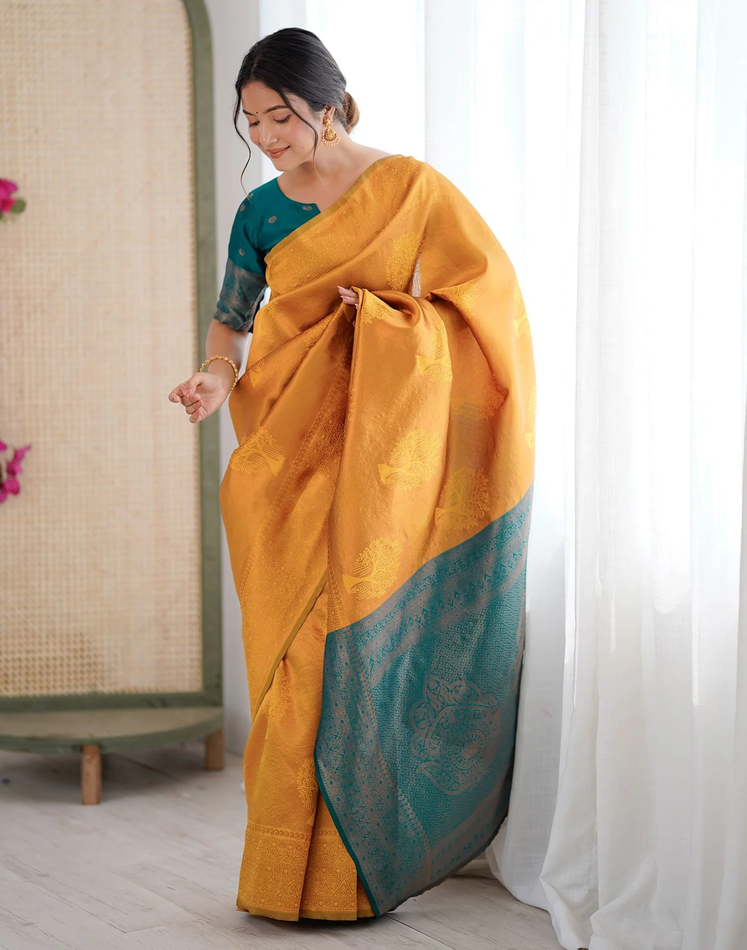 Yellow Silk Woven Saree - Image 9