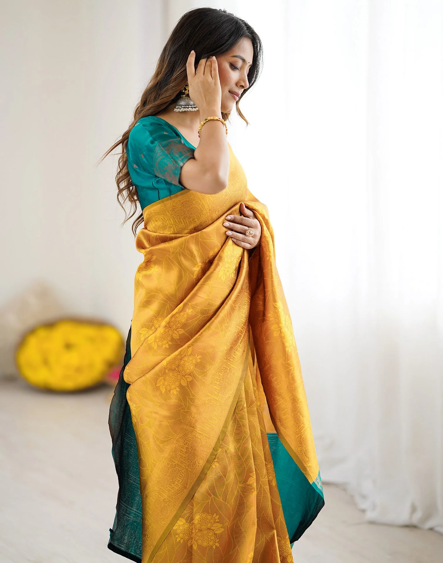 Yellow Silk Woven Saree - Image 10
