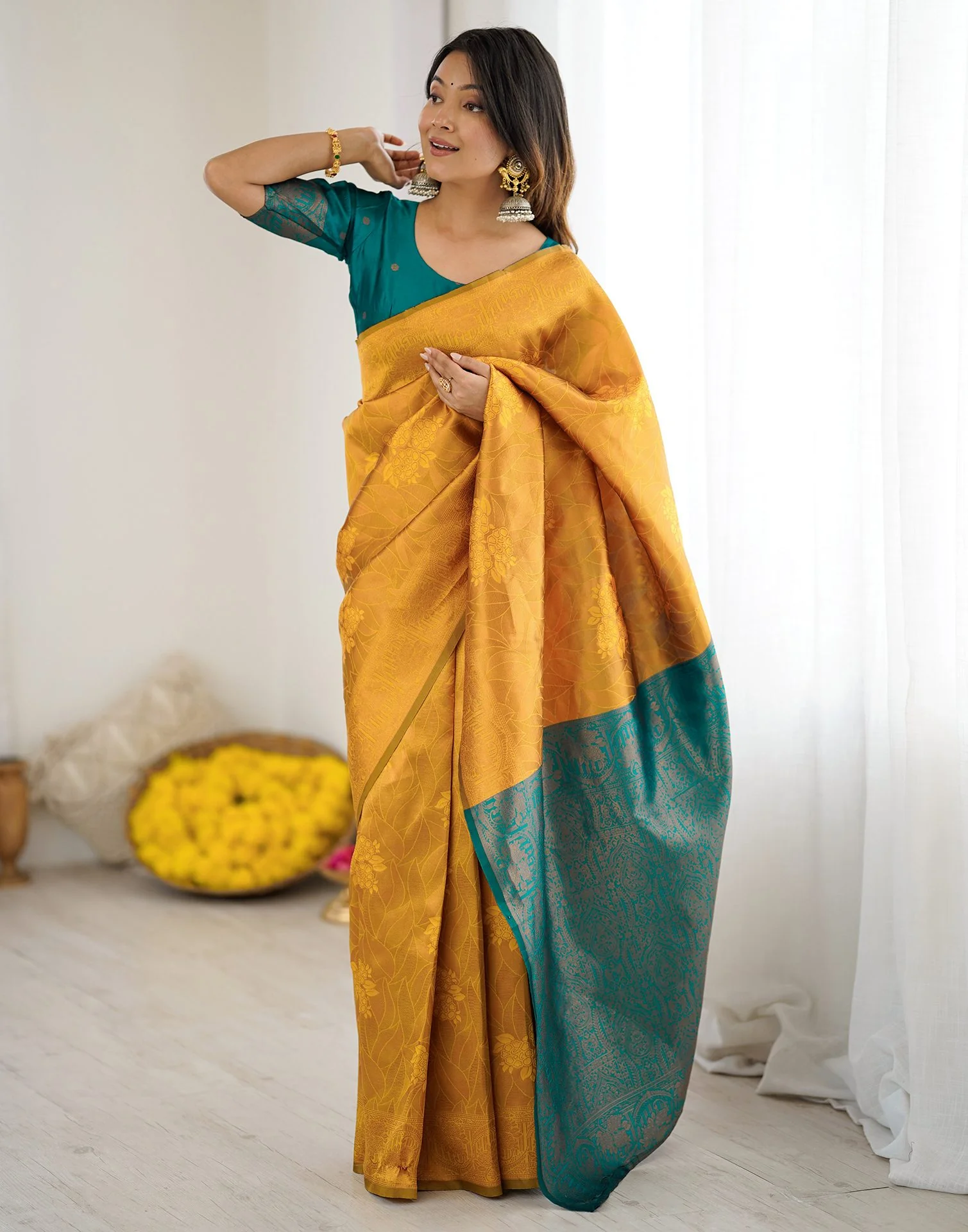Yellow Silk Woven Saree - Image 8