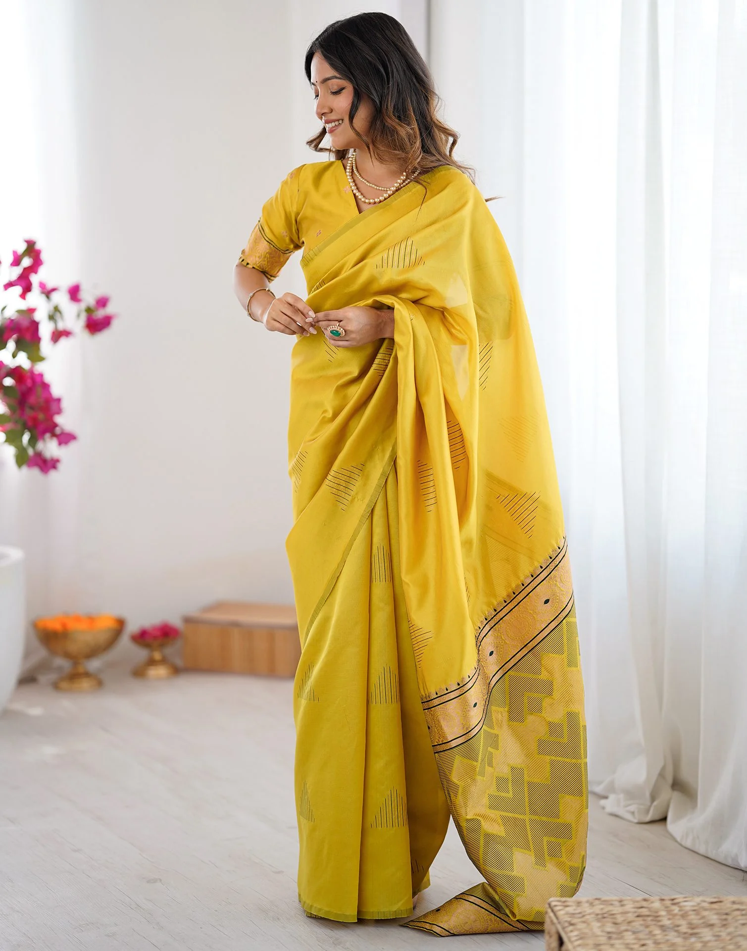 Yellow Silk Woven Saree - Image 11