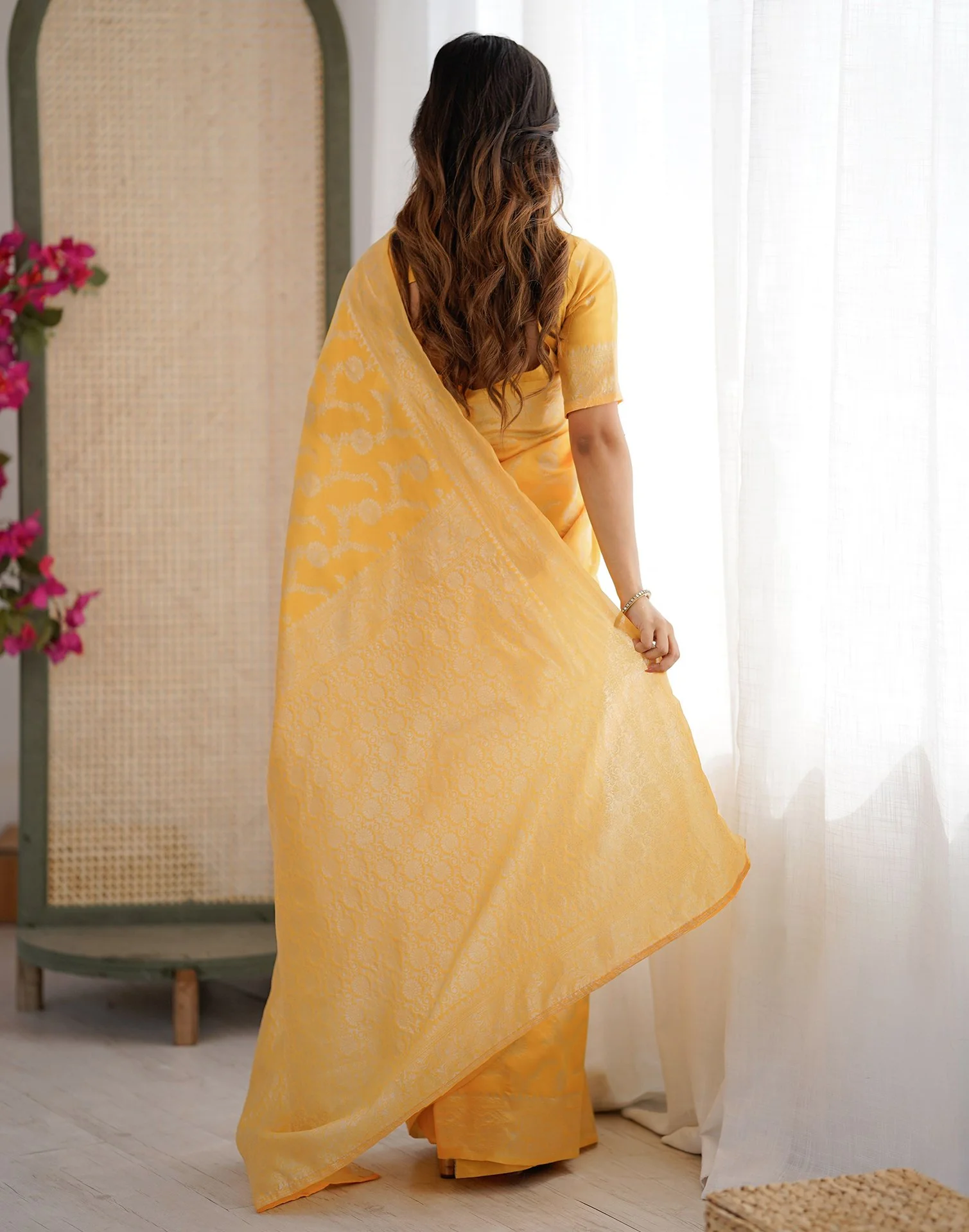 Yellow Silk Woven Saree - Image 10