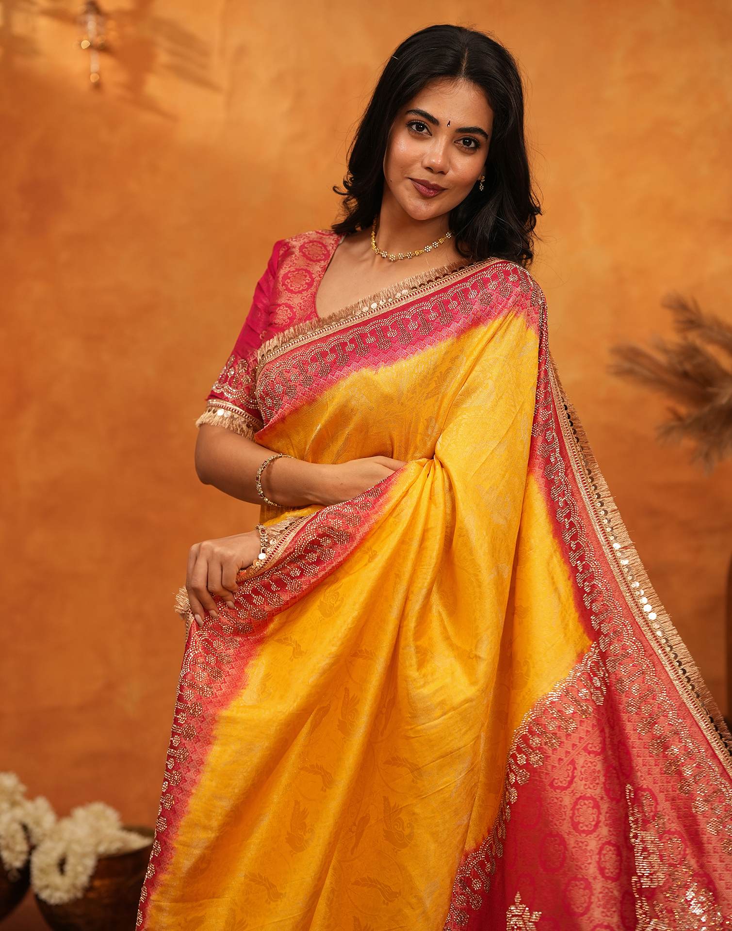 Yellow Silk Woven Stone Work Banarasi Saree - Image 10