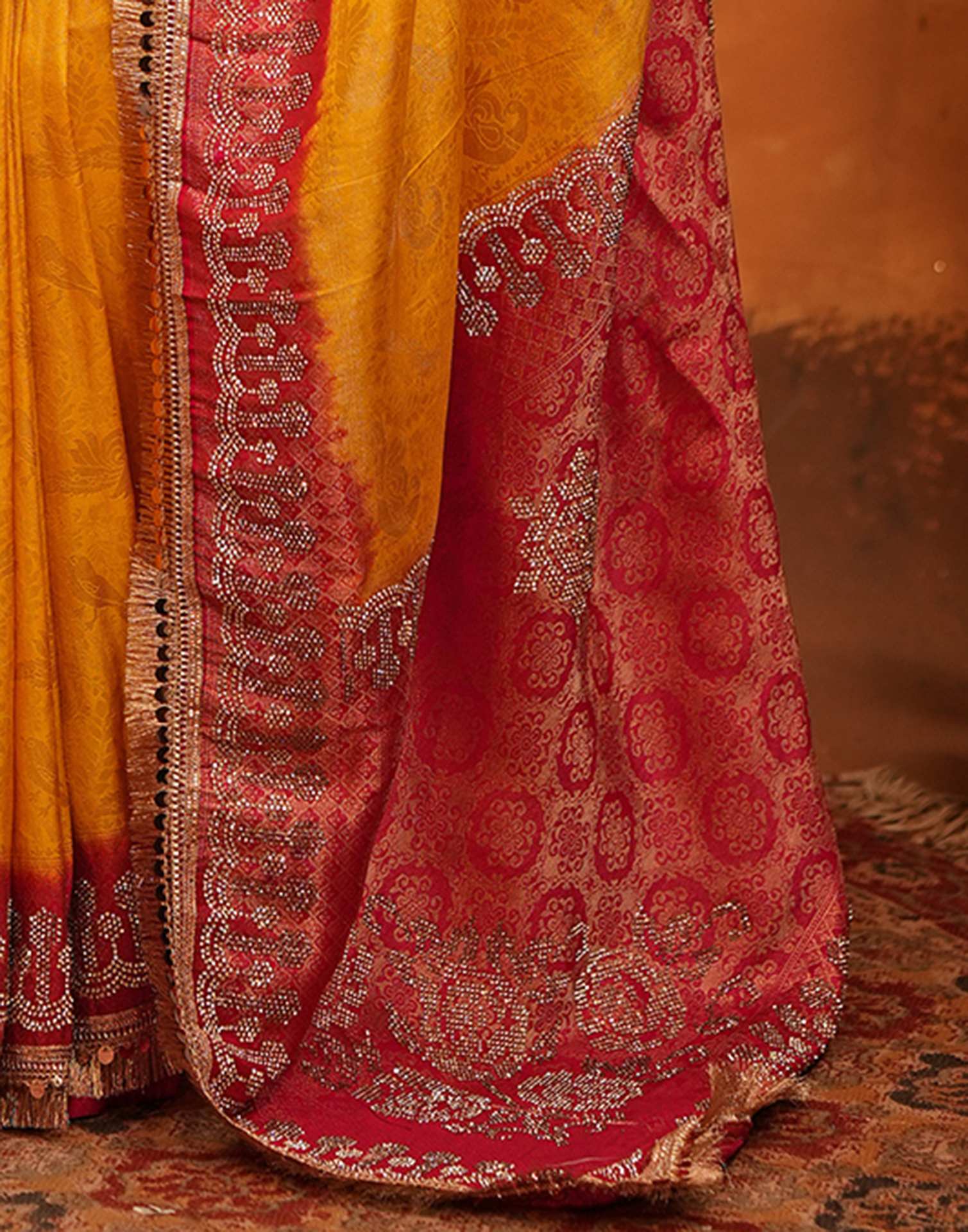 Yellow Silk Woven Stone Work Banarasi Saree - Image 11