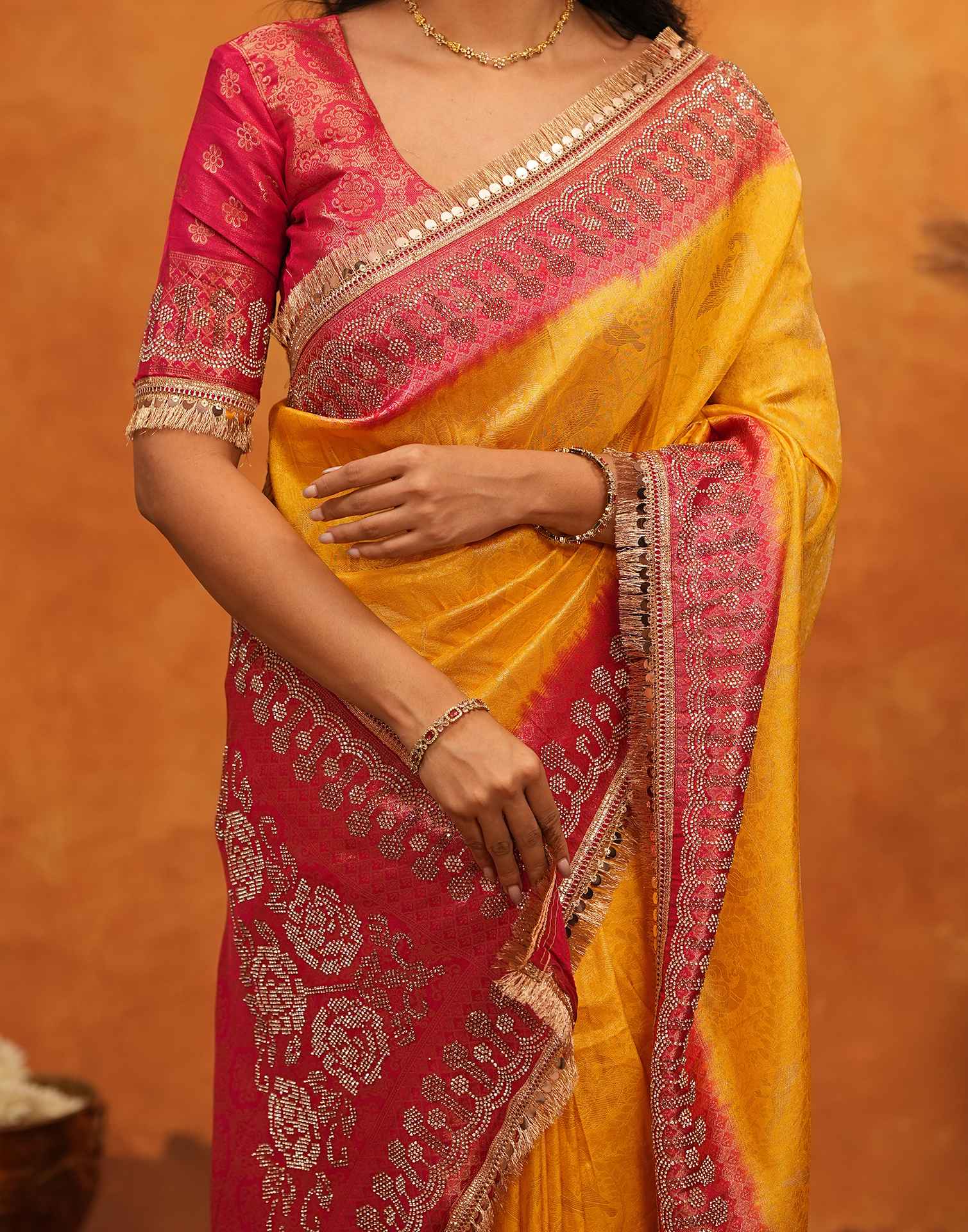Yellow Silk Woven Stone Work Banarasi Saree - Image 12