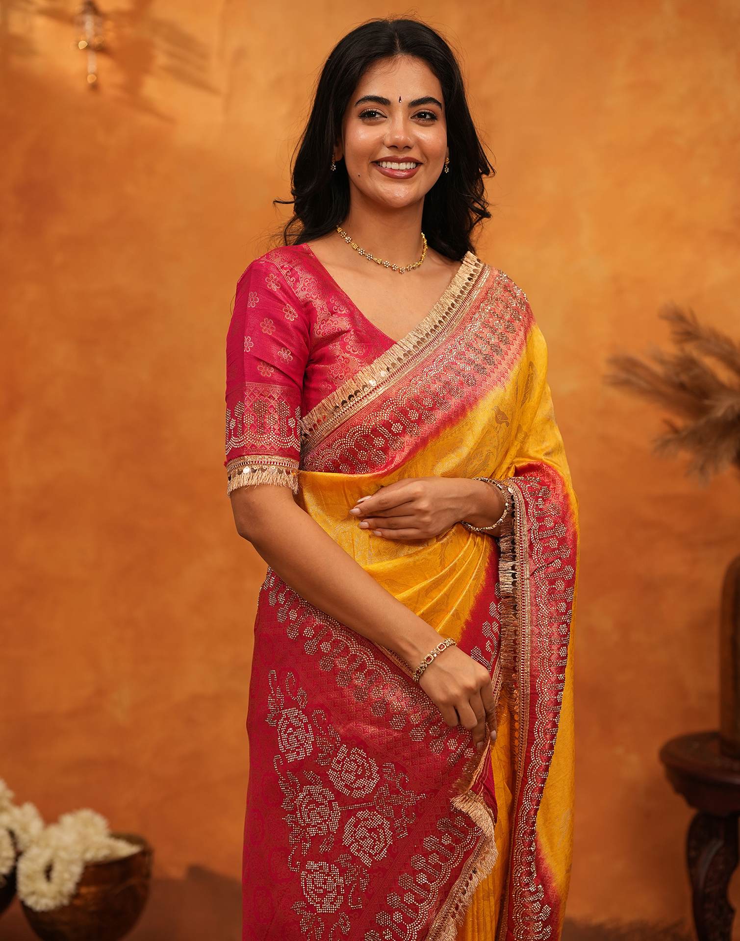 Yellow Silk Woven Stone Work Banarasi Saree - Image 4