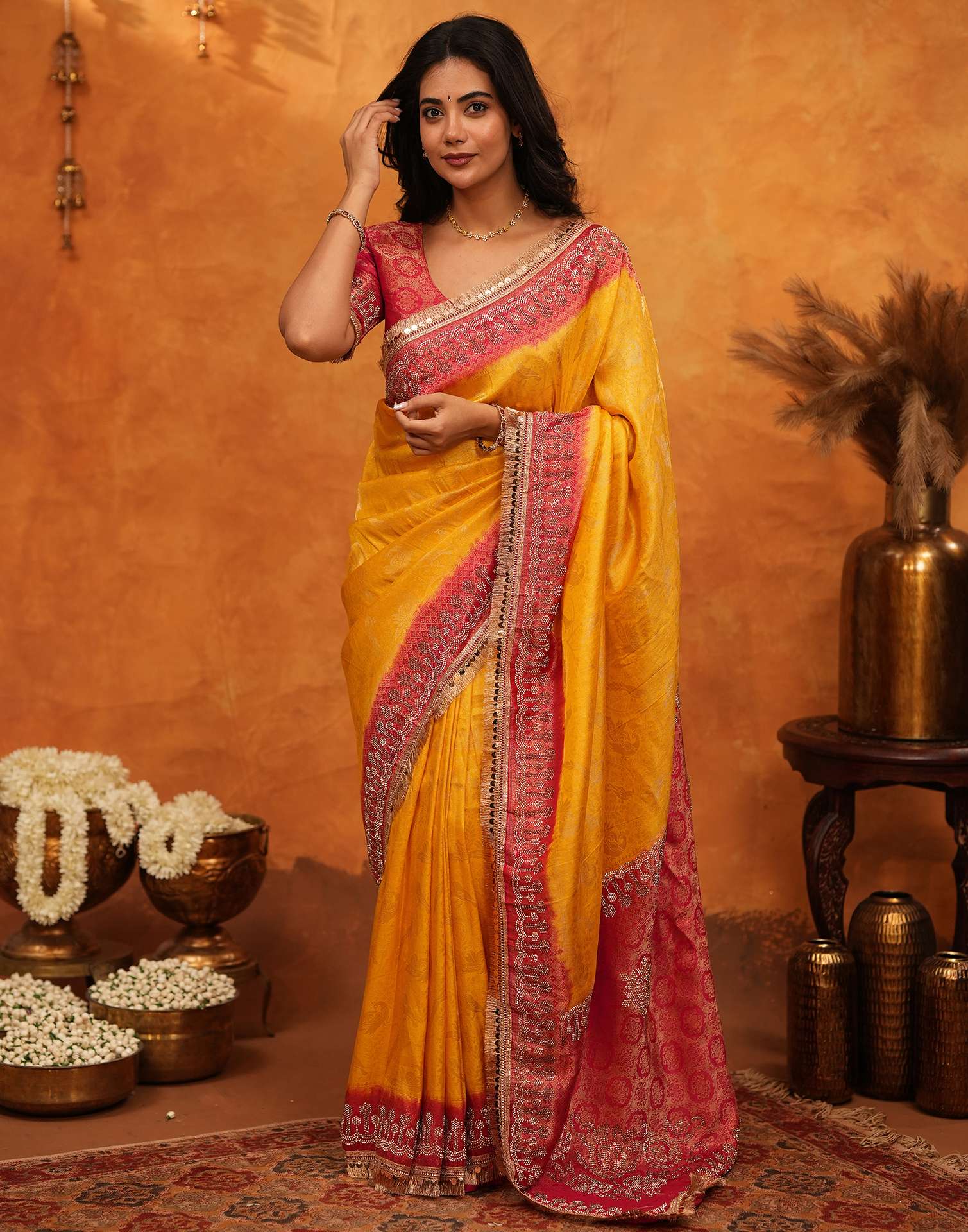 Yellow Silk Woven Stone Work Banarasi Saree - Image 5