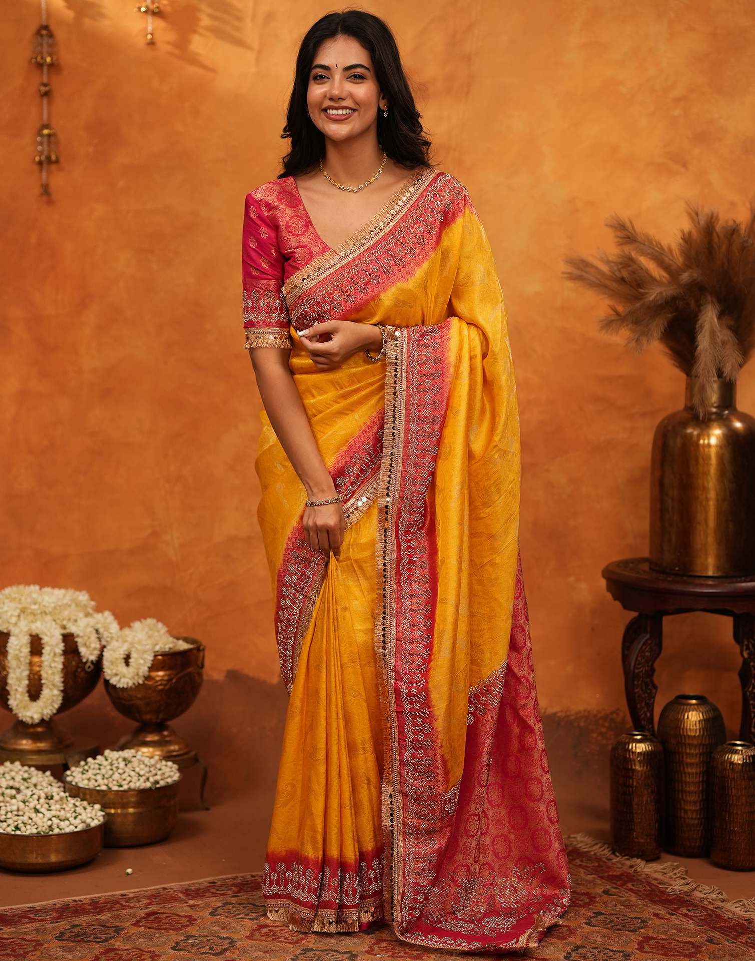 Yellow Silk Woven Stone Work Banarasi Saree - Image 6