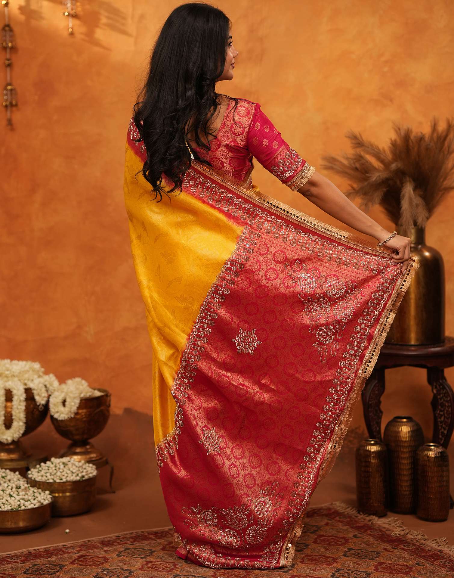 Yellow Silk Woven Stone Work Banarasi Saree - Image 7