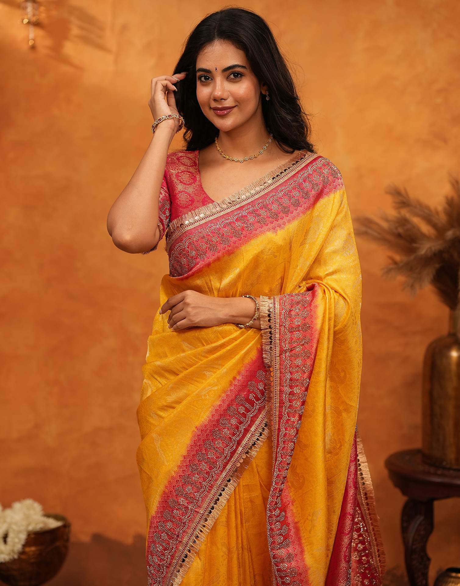 Yellow Silk Woven Stone Work Banarasi Saree - Image 9
