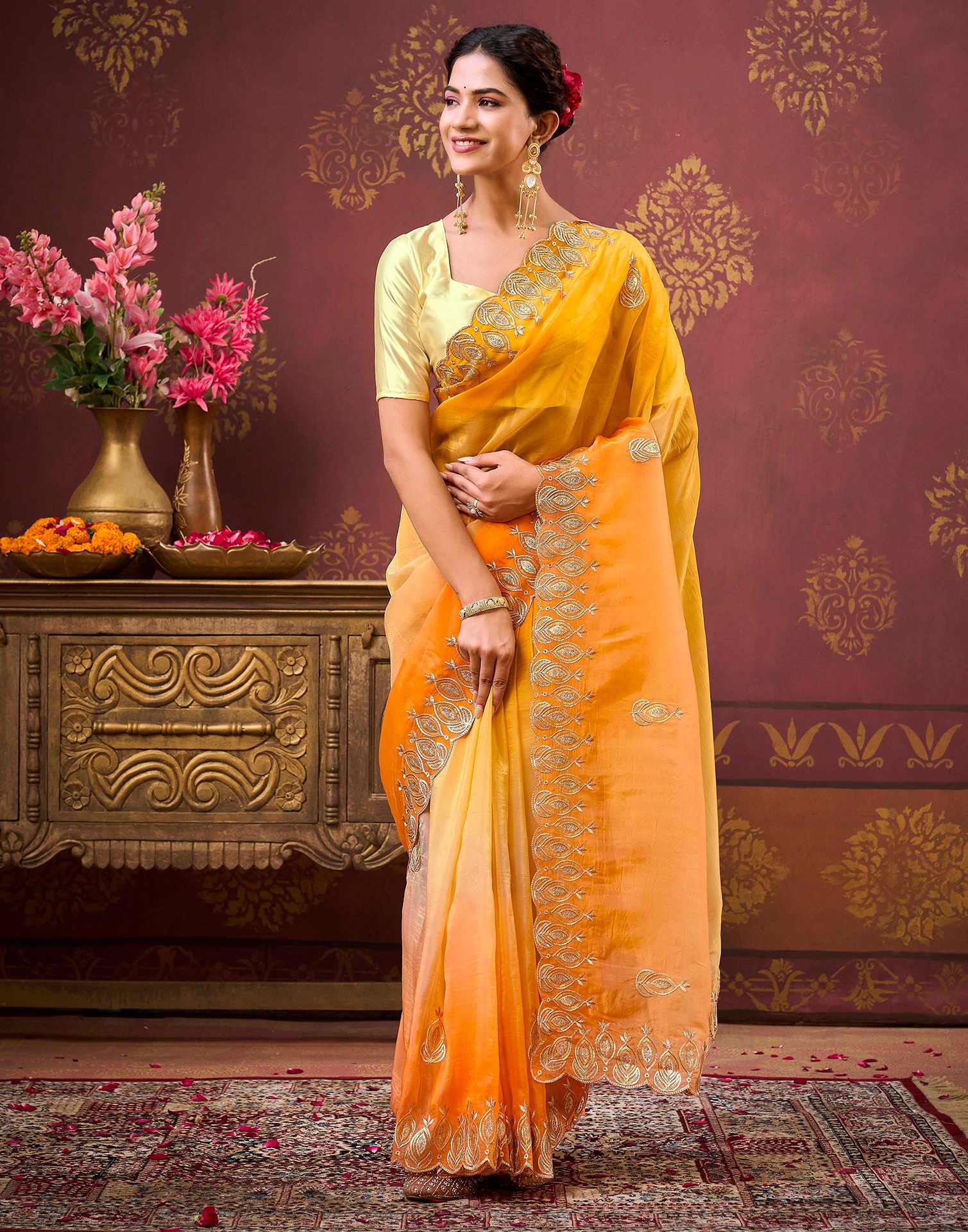 Yellow Tissue Silk Sequence Embroidery Saree - Image 2
