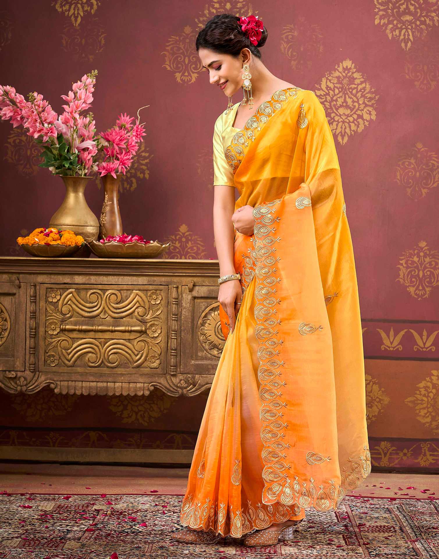 Yellow Tissue Silk Sequence Embroidery Saree - Image 4