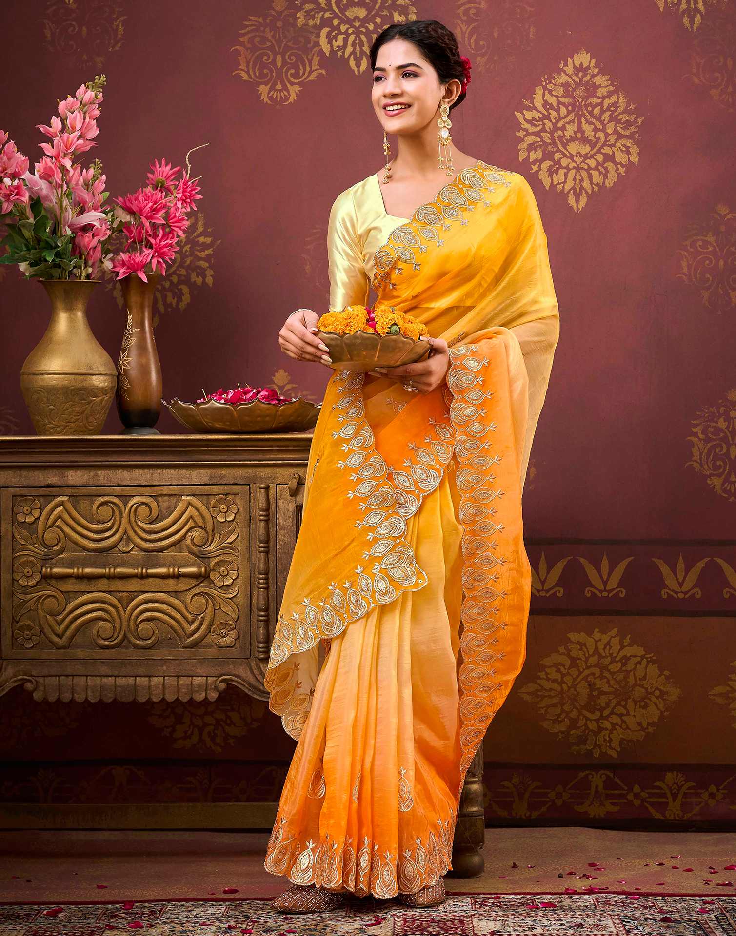 Yellow Tissue Silk Sequence Embroidery Saree - Image 5