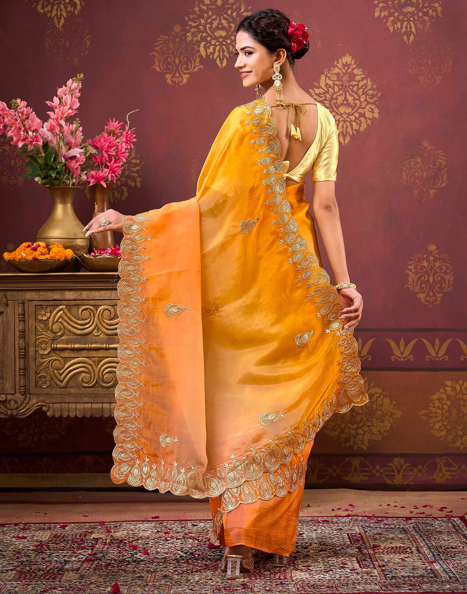 Yellow Tissue Silk Sequence Embroidery Saree - Image 6