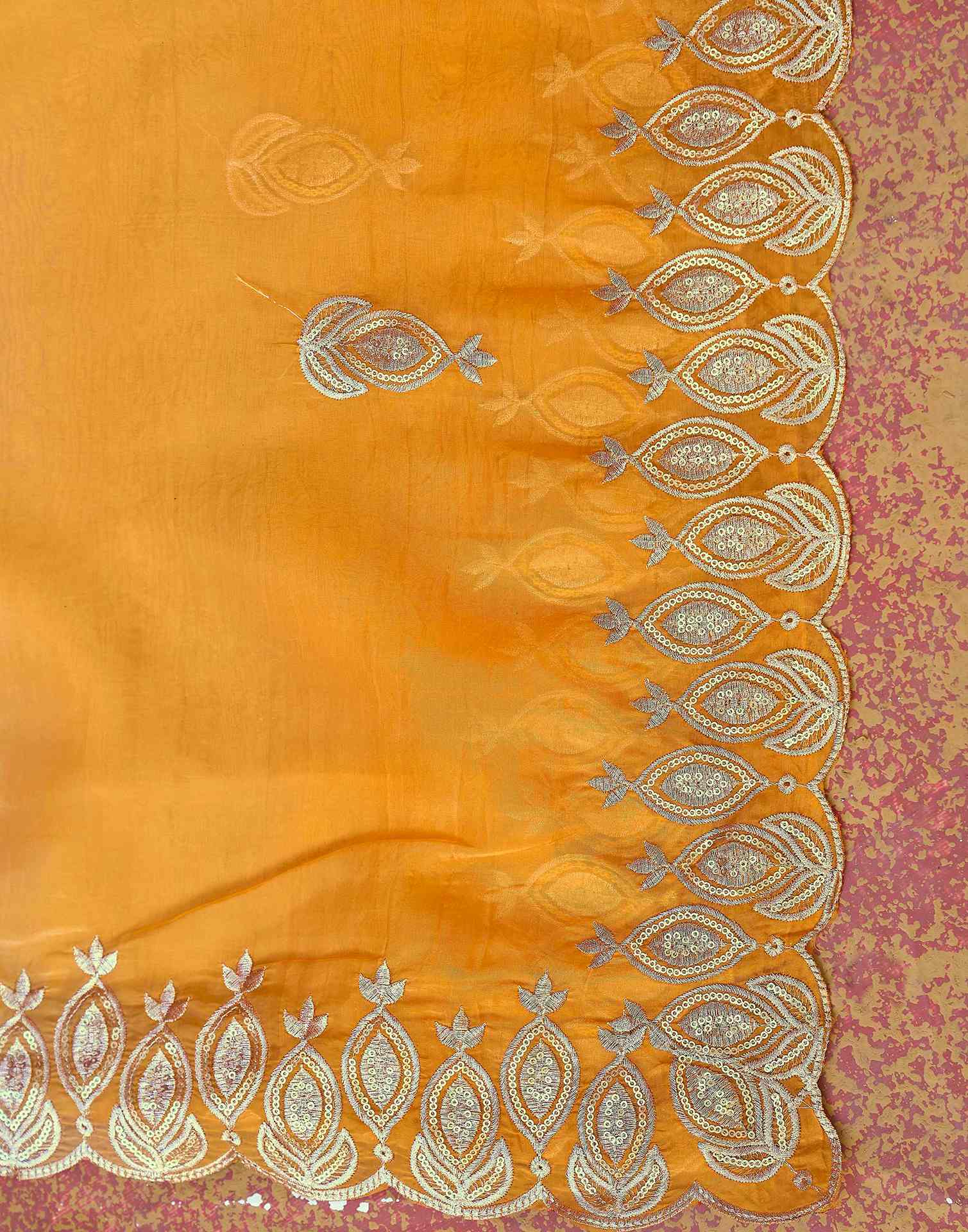 Yellow Tissue Silk Sequence Embroidery Saree - Image 7