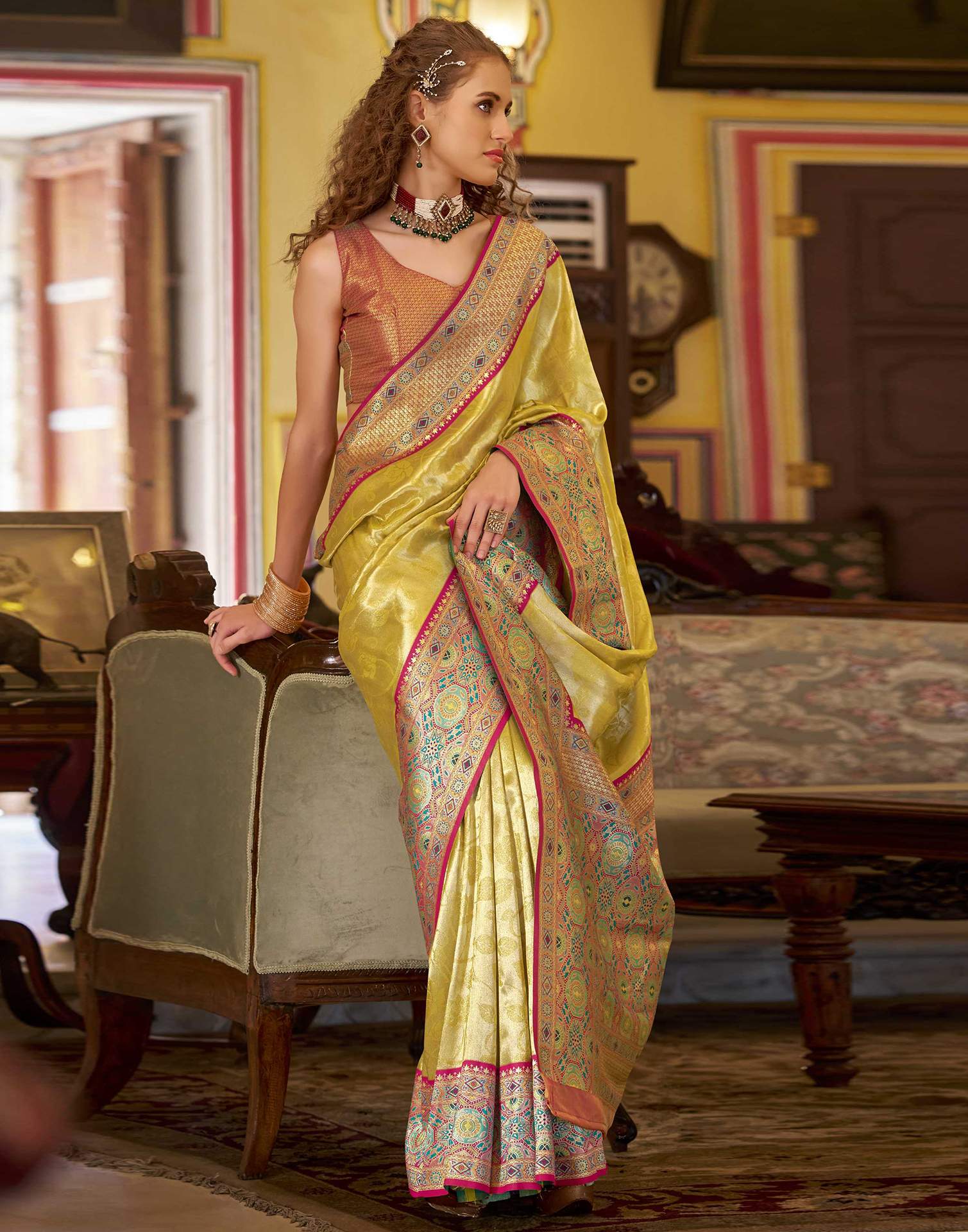 Yellow Tissue Silk Woven Banarasi Saree - Image 4