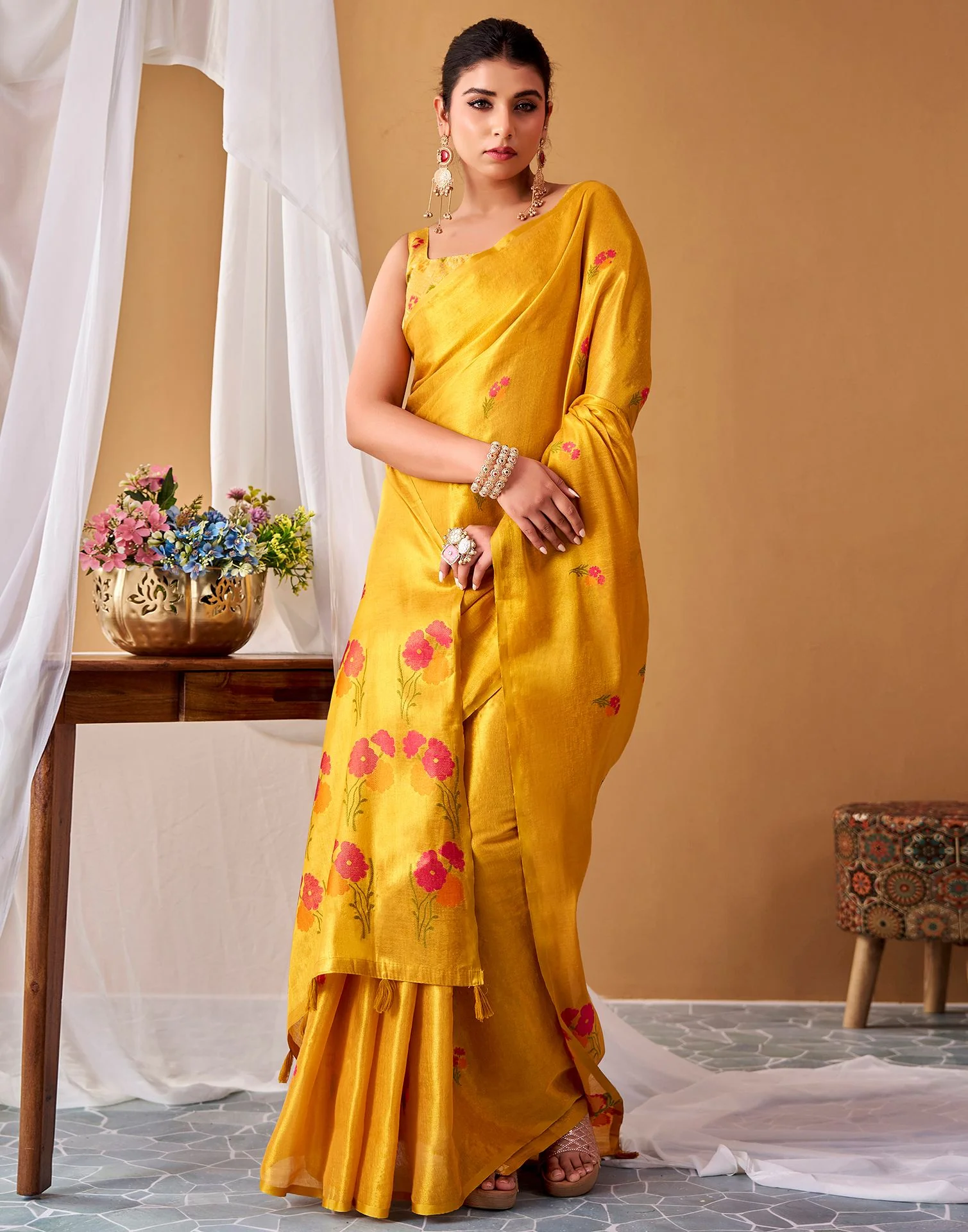 Yellow Tissue Silk Woven Floral Saree - Image 2