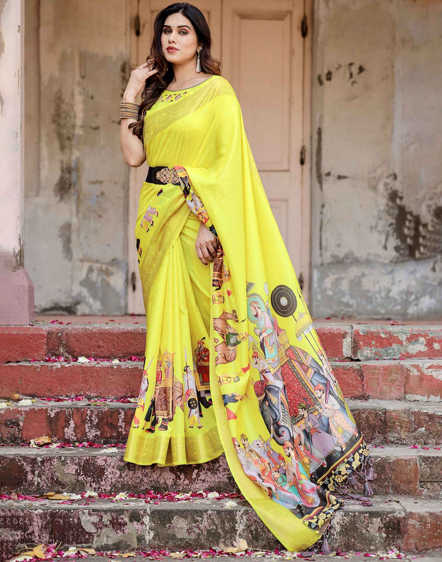 Yellow Tussar Silk Printed Kalamkari Saree - Image 2