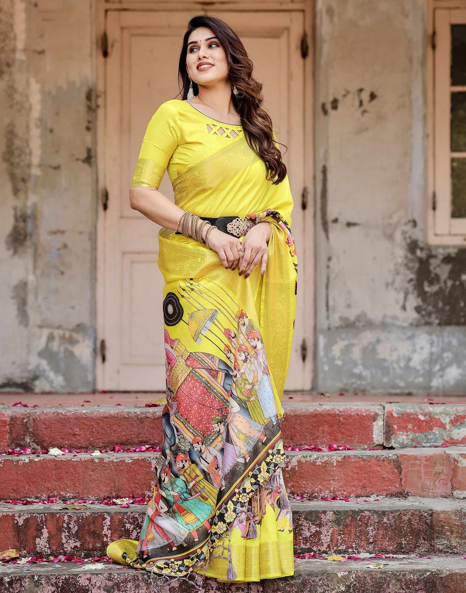 Yellow Tussar Silk Printed Kalamkari Saree - Image 5