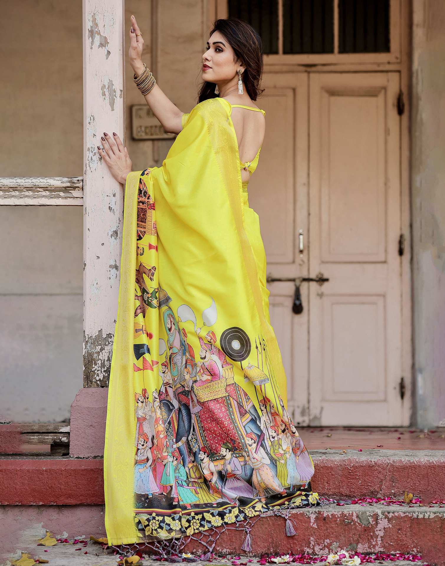 Yellow Tussar Silk Printed Kalamkari Saree - Image 8