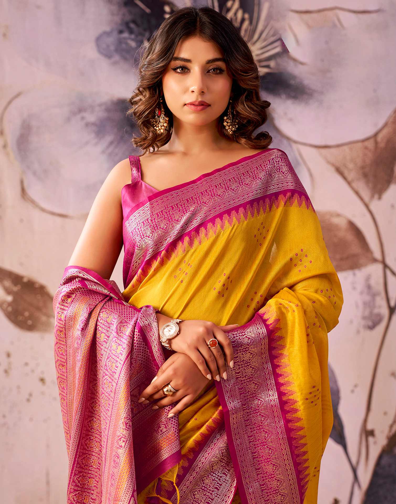 Yellow Tussar Silk Woven Kanjivaram Saree - Image 2