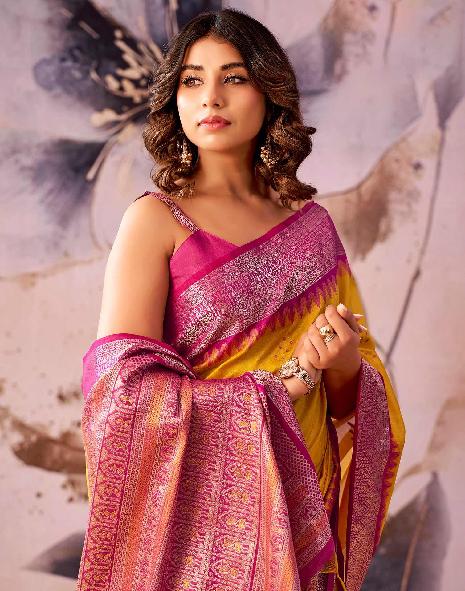 Yellow Tussar Silk Woven Kanjivaram Saree - Image 4