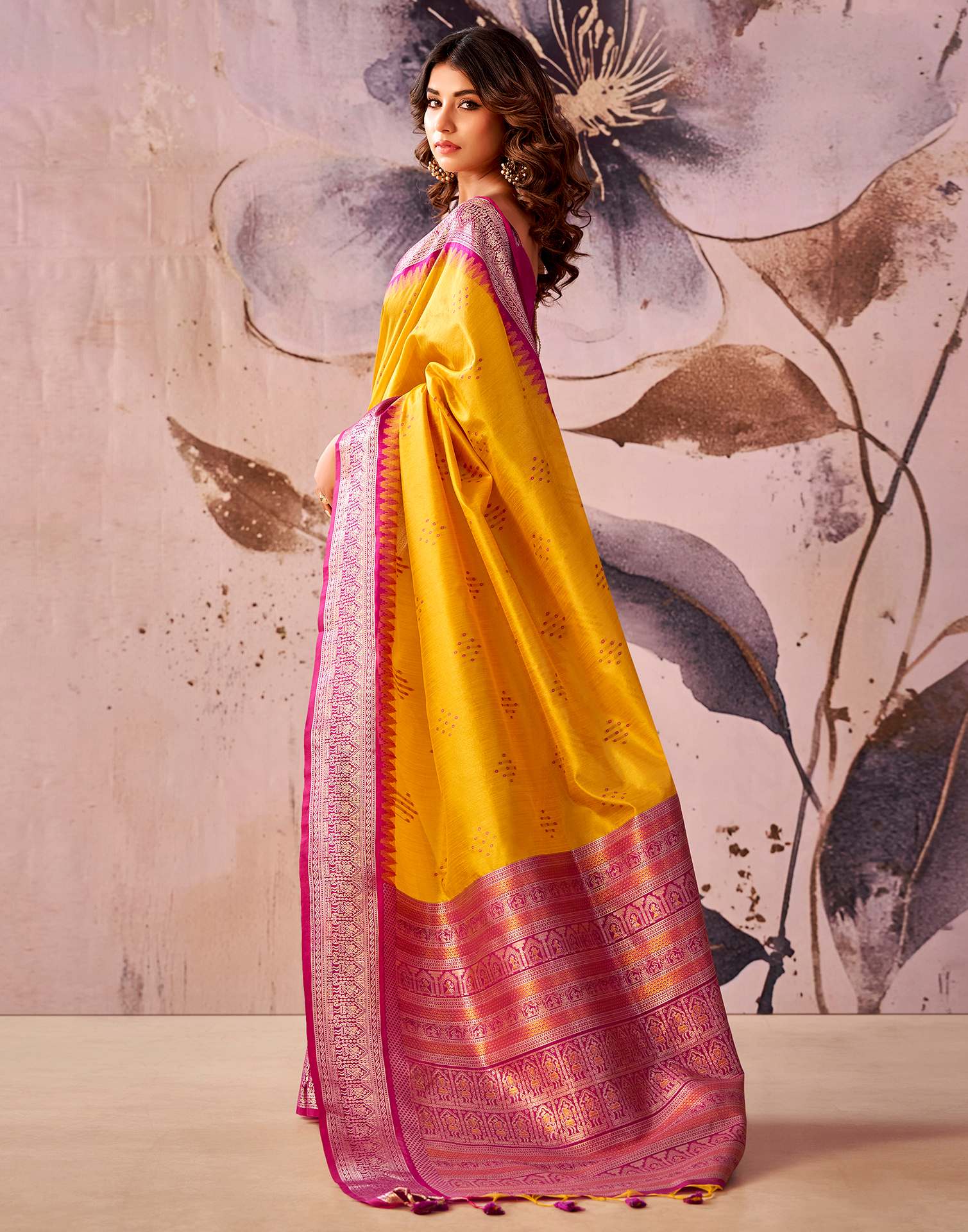 Yellow Tussar Silk Woven Kanjivaram Saree - Image 5