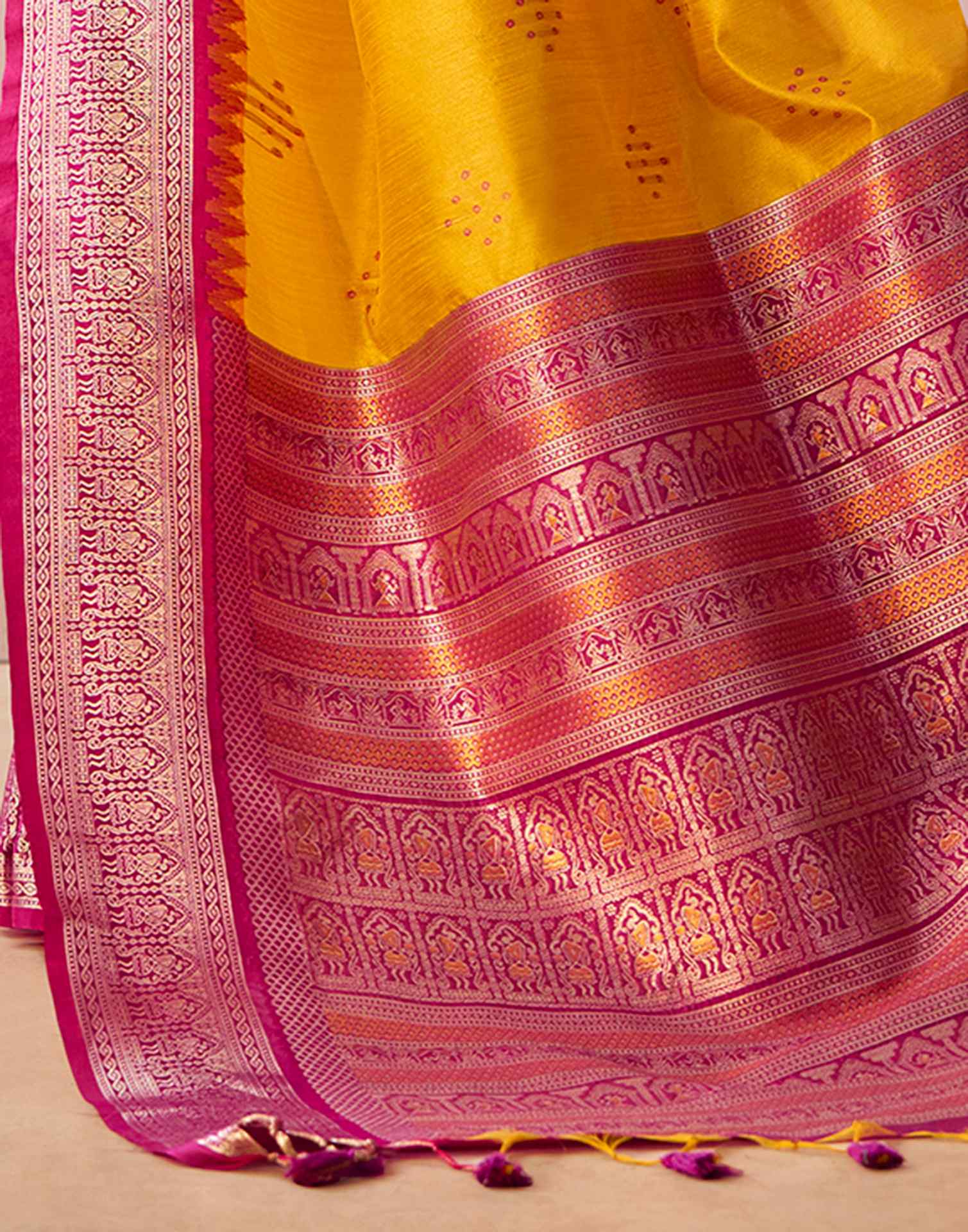 Yellow Tussar Silk Woven Kanjivaram Saree - Image 7
