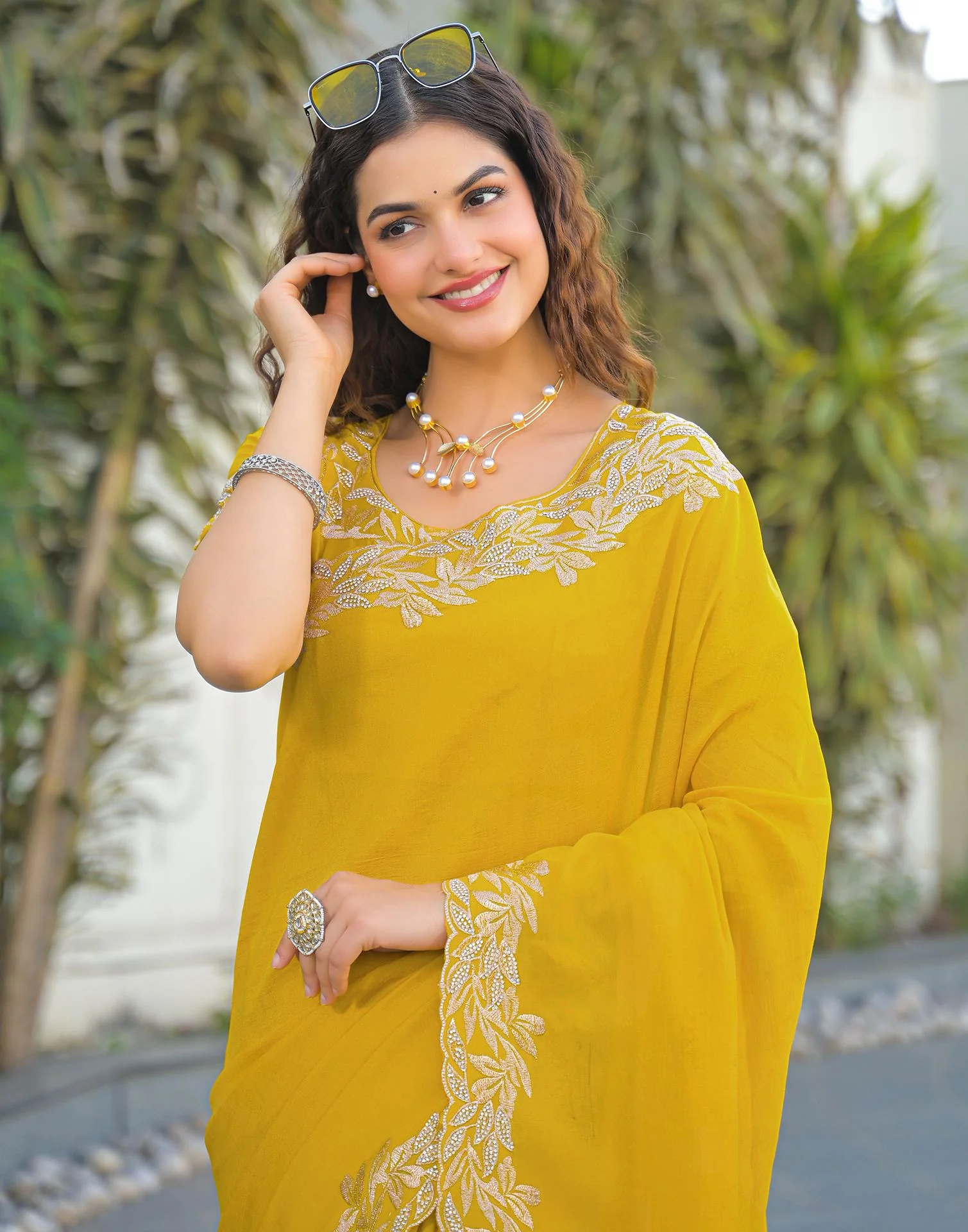 Yellow Vichitra Silk Embroidery Saree - Image 2