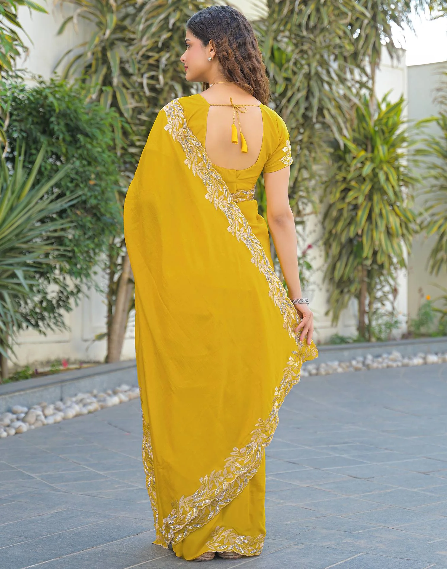 Yellow Vichitra Silk Embroidery Saree - Image 7