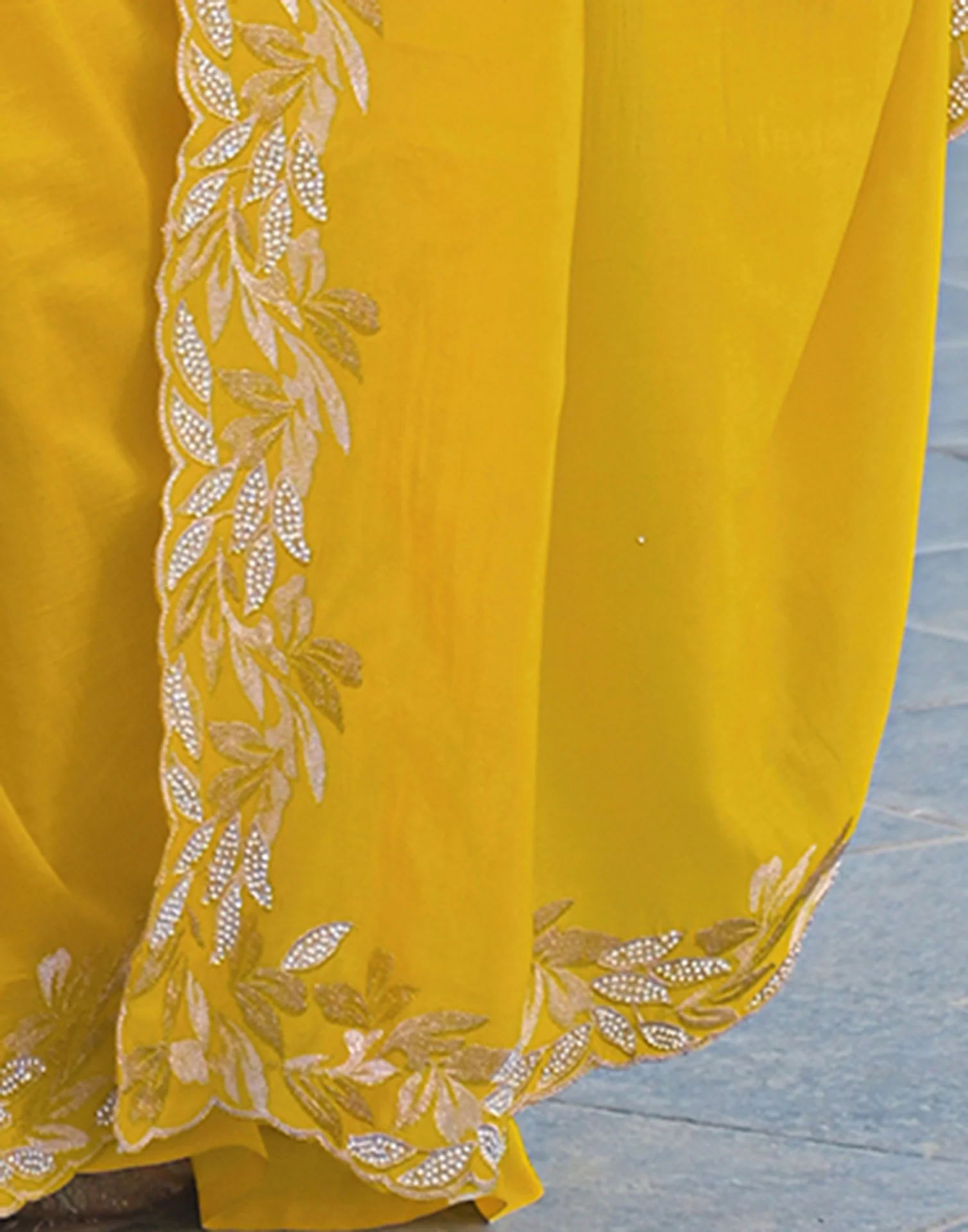 Yellow Vichitra Silk Embroidery Saree - Image 9